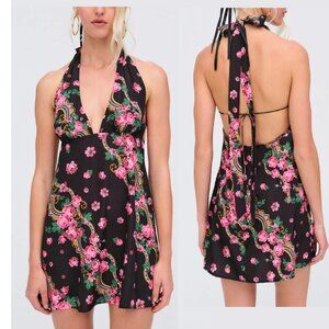 NWT FOR LOVE AND LEMONS JUSTICE BLACK HALTER MINI DRESS WITH FLORAL PRINT SIZE S